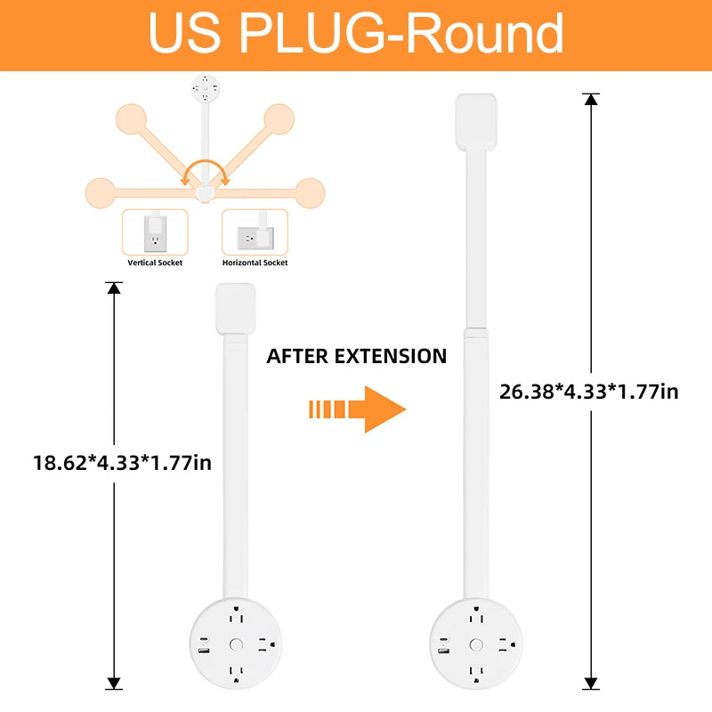 Electrical Outlet Extender Adjustable Length EU US Plug Stretchable Wall Plug Power Strop Outlets 180° Rotate Retractable Socket