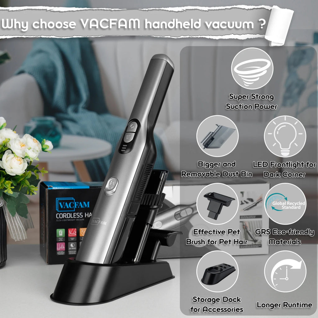 Handheld Vacuum Cordless Car Vacuum Cleaner with 18KPa Powerful Suction, Portable Chargeable Handy Vac with LED Front Light & St