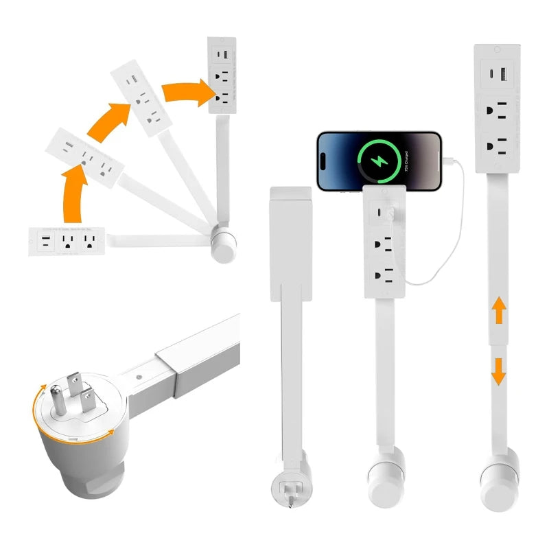 Electrical Outlet Extender Adjustable Length EU US Plug Stretchable Wall Plug Power Strop Outlets 180° Rotate Retractable Socket